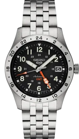 Seiko SSK023 5 Sports Field GMT watch, black dial, metalized silver GMT bezel and red-orange GMT hand