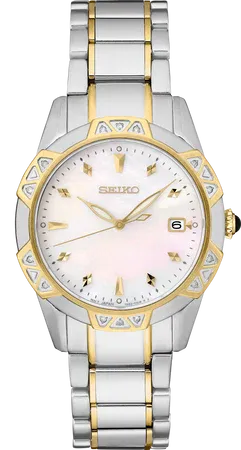 Seiko Diamond Two-Tone Women's – White Dial, 33.2mm, Quartz – SKK728 Seiko SKK728 Diamond Two-Tone watch, diamond-set bezel, white dial with date, gold-tone accents