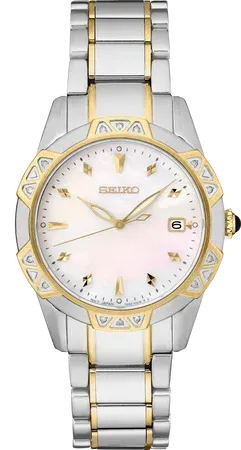 Seiko Diamond Two-Tone Women's – White Dial, 33.2mm, Quartz – SKK728 Seiko SKK728 Diamond Two-Tone watch, diamond-set bezel, white dial with date, gold-tone accents