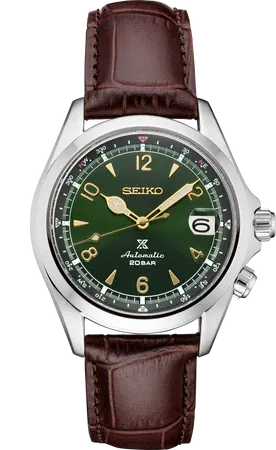 Seiko SPB121 Prospex Alpinist watch, green sunburst dial with gold accents and an internal rotating compass ring
