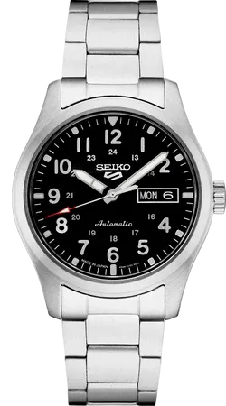 Seiko 5 Sports Field Sports Style – Black Dial, 39.4mm, Automatic – SRPG27 Seiko SRPG27 5 Sports Field Sports Style watch, black field dial with Arabic numerals and a red-orange-tipped seconds hand