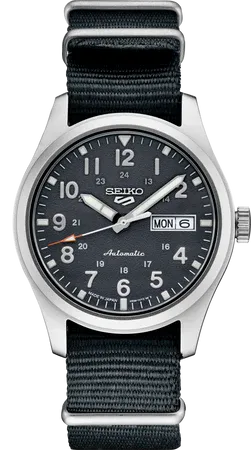 Seiko SRPG31 5 Sports Field Sports Style watch, blue-gray field dial with Arabic numerals and a red-orange-tipped seconds…