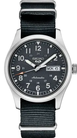Seiko SRPG31 5 Sports Field Sports Style watch, blue-gray field dial with Arabic numerals and a red-orange-tipped seconds…