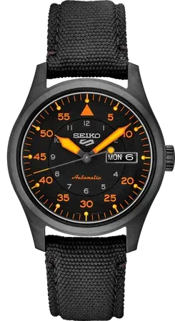 Seiko SRPH33 5 Sports Field Sports Style (Pilot) watch, black pilot-inspired dial with a 60-minute track and orange accents