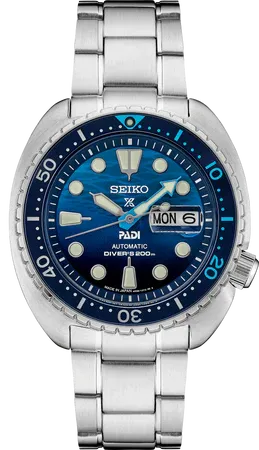 Seiko Prospex Automatic Diver PADI Special Edition – Gradient Blue Dial, 45mm – SRPK01 Seiko SRPK01 Prospex Automatic Diver watch, patterned, gradated blue dial evoking sunlight through waves