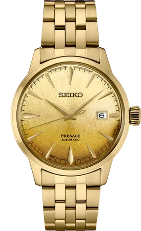 Seiko Presage Cocktail Time U.S. Special Creation “Beer Julep” – Gold Dial, 40.5mm, Automatic – SRPK46 Seiko SRPK46 Presage Cocktail Time watch, gloss gold dial with vertical gradation and a bubble-like pressed pattern