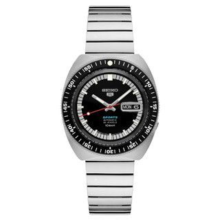 Seiko SRPK17 5 Sports 55th Anniversary watch, black dial and bidirectional 60-minute bezel recreating the 1968 original