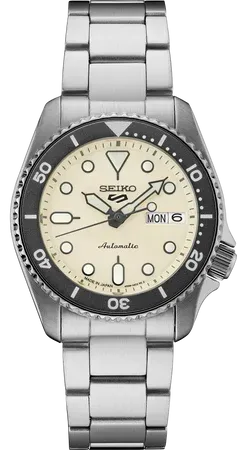 Seiko SRPK31 5 Sports SKX Mid-Size watch, ivory dial and dark-gray rotating bezel in 1980s quartz-diver colors