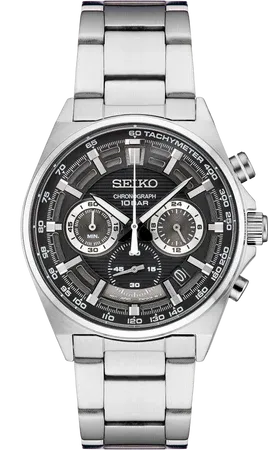 Seiko Essentials Chronograph – Black Embossed Dial, 41mm, Quartz Chronograph – SSB397 Seiko SSB397 Essentials Chronograph watch, embossed black racing dial framed by a black tachymeter ring