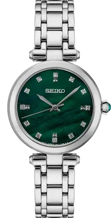 Seiko Diamonds Collection Women's – Green Mother-of-Pearl Dial, 30mm, Quartz – SRZ535 Seiko SRZ535 Diamonds Collection watch, green mother-of-pearl dial with diamond accents