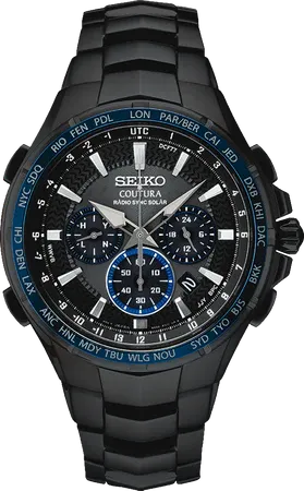 Seiko SSG021 Coutura Radio Sync Solar Chronograph watch, patterned black dial with blue-highlighted subdials in a black…