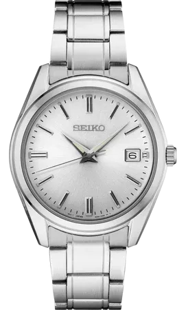 Seiko SUR307 Essentials Collection watch, silver sunray dial with date and LumiBrite hands