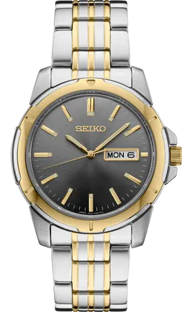 Seiko SUR356 Essentials Collection watch, gray sunray dial with gold accents and day/date