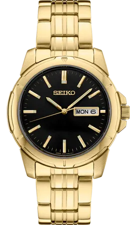 Seiko Essentials Collection Men's – Black Sunray Dial, Quartz – SUR358 Seiko SUR358 Essentials Collection watch, black sunray dial with gold accents and day/date
