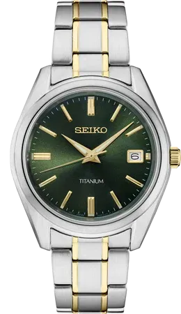 Seiko Seiko Essentials Collection Men's – Green Sunray Dial, 40.2mm, Quartz – SUR377 Seiko SUR377 Essentials Collection watch, green sunray dial with gold accents in lightweight two-tone titanium