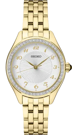 Seiko SUR394 Essentials Crystal Collection watch, crystal-framed patterned white dial with stylized Arabic numerals