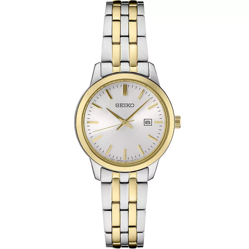Seiko Essentials Collection Women's – White Dial, 30mm, Quartz – SUR410 Seiko SUR410 Essentials Collection watch, minimalist white dial with gold hands and date