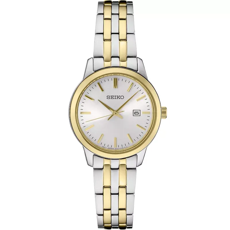 Seiko Essentials Collection Women's – White Dial, 30mm, Quartz – SUR410 Seiko SUR410 Essentials Collection watch, minimalist white dial with gold hands and date