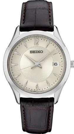 Seiko SUR421 Essentials Collection watch, patterned antique-white dial with Arabic numerals