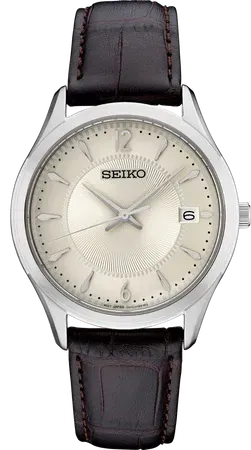 Seiko Essentials Collection Men's – Antique White Dial, 39.4mm, Quartz – SUR421 Seiko SUR421 Essentials Collection watch, patterned antique-white dial with Arabic numerals