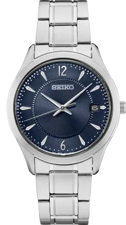 Seiko SUR419 Essentials Collection watch, patterned blue dial with Arabic numerals and stick markers