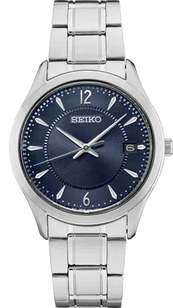Seiko Essentials Collection Men's – Patterned Blue Dial, 39.4mm, Quartz – SUR419 Seiko SUR419 Essentials Collection watch, patterned blue dial with Arabic numerals and stick markers