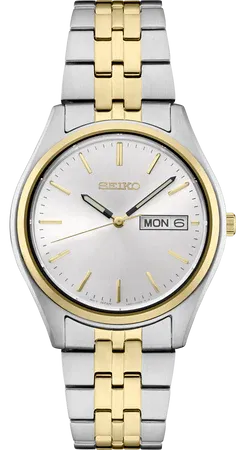 Seiko SUR430 Essentials Collection watch, white sunray dial with gold stick markers and day/date