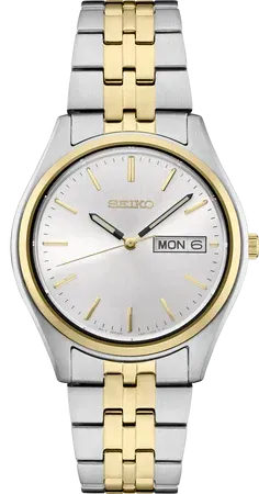 Seiko Essentials Collection Men's – White Sunray Dial, Quartz – SUR430 Seiko SUR430 Essentials Collection watch, white sunray dial with gold stick markers and day/date