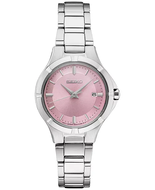 Seiko SUR413 Essentials Collection watch, soft pink dial on a stainless bracelet