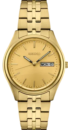 Seiko SUR434 Essentials Collection watch, champagne sunray dial with gold stick markers and day/date