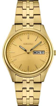 Seiko Essentials Collection Men's – Champagne Sunray Dial, Quartz – SUR434 Seiko SUR434 Essentials Collection watch, champagne sunray dial with gold stick markers and day/date