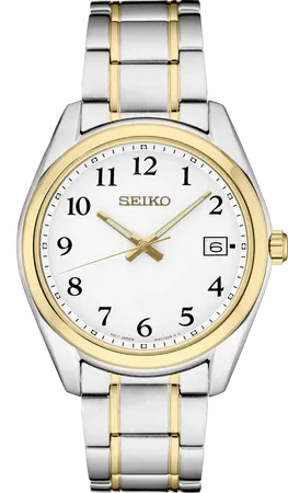 Seiko Essentials Collection Men's – White Dial, 40.2mm, Quartz – SUR460 Seiko SUR460 Essentials Collection watch, white dial with date in a two-tone case