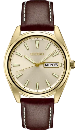 Seiko Essentials Collection Men's – Light Champagne Sunray Dial, Quartz – SUR450 Seiko SUR450 Essentials Collection watch, light champagne sunray dial in a gold-finish case