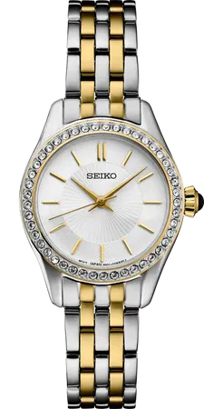 Seiko SUR540 Essentials Crystal Collection watch, 45 crystals on the bezel, white sunray dial and cabochon crown