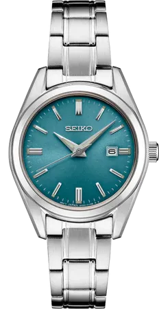 Seiko Essentials Collection Women's – Blue Sunray Dial, 29.8mm, Quartz – SUR531 Seiko SUR531 Essentials Collection watch, water-inspired blue sunray dial with stick indices