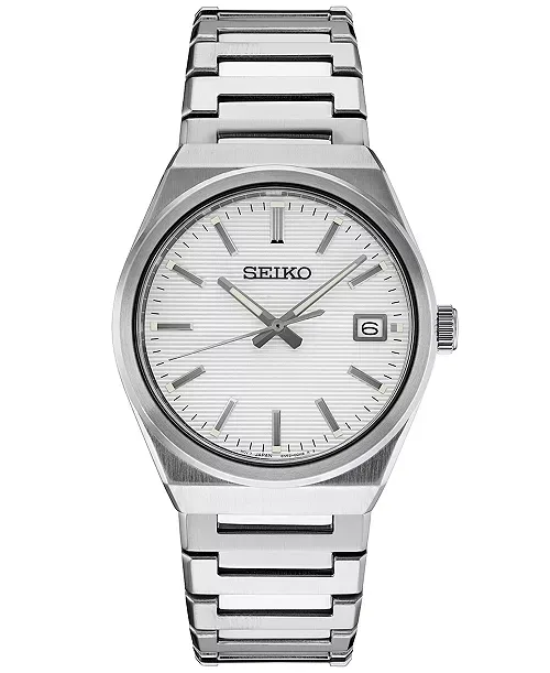 Seiko Essentials Collection Men's – White Dial, 38.9mm, Quartz – SUR553 Seiko SUR553 Essentials Collection watch, white dial with stick indices and date
