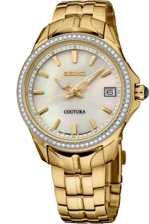 Seiko Coutura Collection Women's – White Mother-of-Pearl Dial, Quartz – SUR592 Seiko SUR592 Coutura Collection watch, diamond-set bezel and white mother-of-pearl dial with gold applied indices
