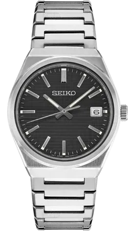 Seiko Essentials Collection Men's – Black Pressed-Pattern Dial, 38.9mm, Quartz – SUR557 Seiko SUR557 Essentials Collection watch, black pressed-pattern dial in a sleekly angled case