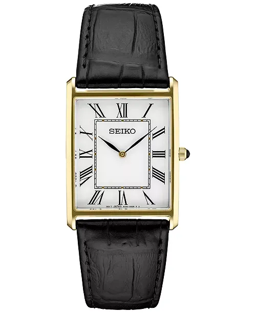 A square Seiko-brand watch with a black leather band