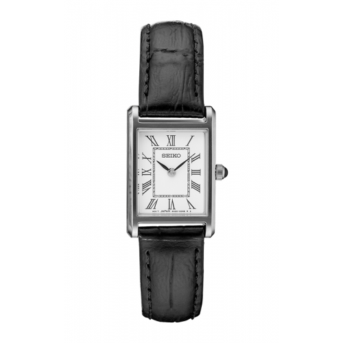 Seiko Essentials Collection Women's Tank – White Dial, Quartz – SWR053 A Seiko-brand square watch with a silver frame and black leather band