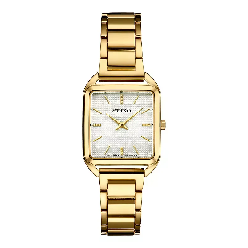 Seiko Essentials Collection Women's Square – Silver-White Grid Dial, Quartz – SWR078 Seiko SWR078 Essentials Collection watch, die-stamped silver-white grid dial with textured gold markers