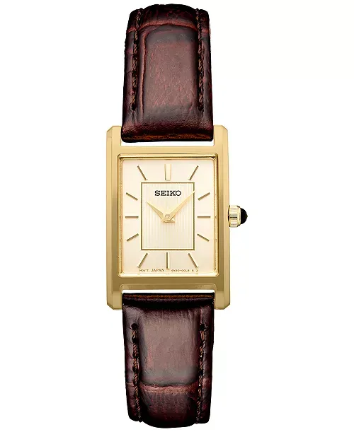 Seiko Essentials Collection Women's Rectangular – Light Champagne Dial, Quartz – SWR066 Seiko SWR066 Essentials Collection watch, subtly patterned light champagne dial in a gold-finish rectangular case