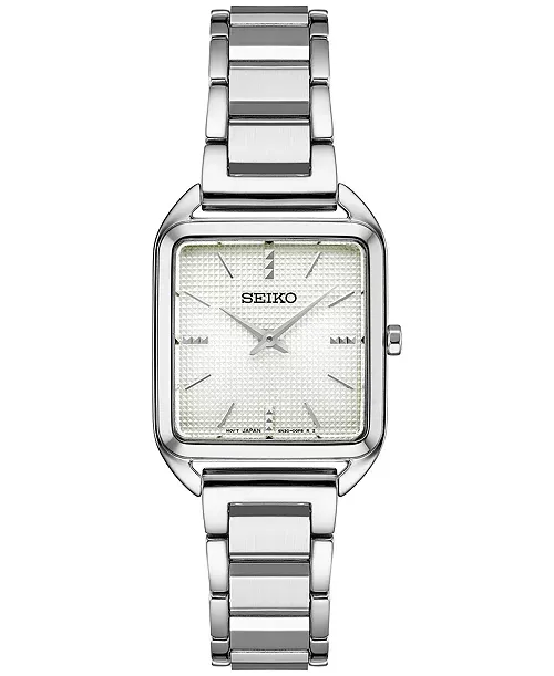 Seiko Essentials Collection Women's Square – Silver-White Grid Dial, Quartz – SWR073 Seiko SWR073 Essentials Collection watch, die-stamped silver-white grid dial in a slim square case