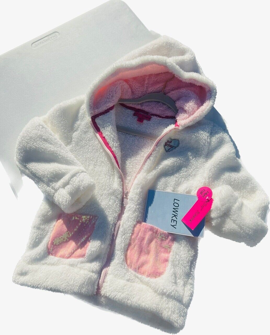 ​Betsey Johnson Faux Fur Full Zippered Hoodie Jacket with 2 pink sequin pockets