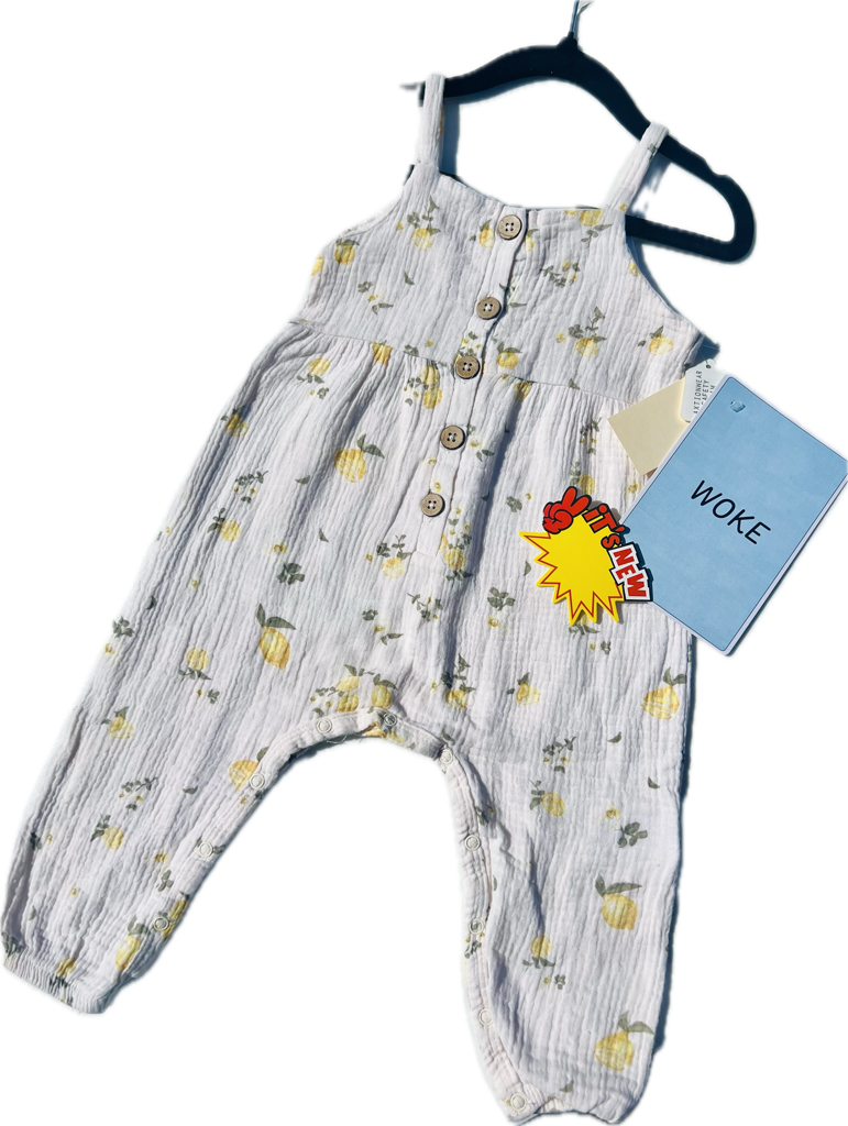 Jessica Simpson Sleeveless Baby Lemon Romper With Wood Buttons