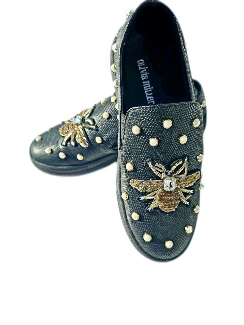 Olivia Miller Genesee Bee Embellished Pearl Black Slip-On Loafers/Sneakers