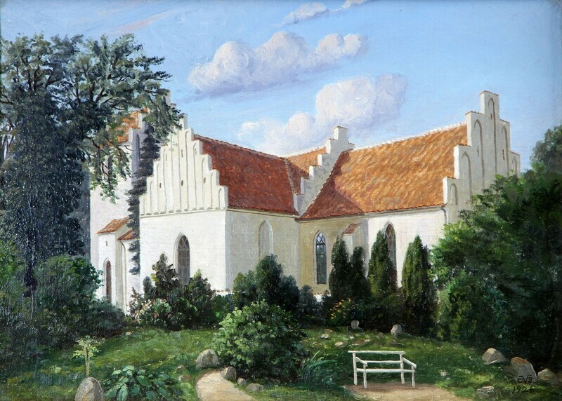 Two oil paintings - church from the outside and church from the inside