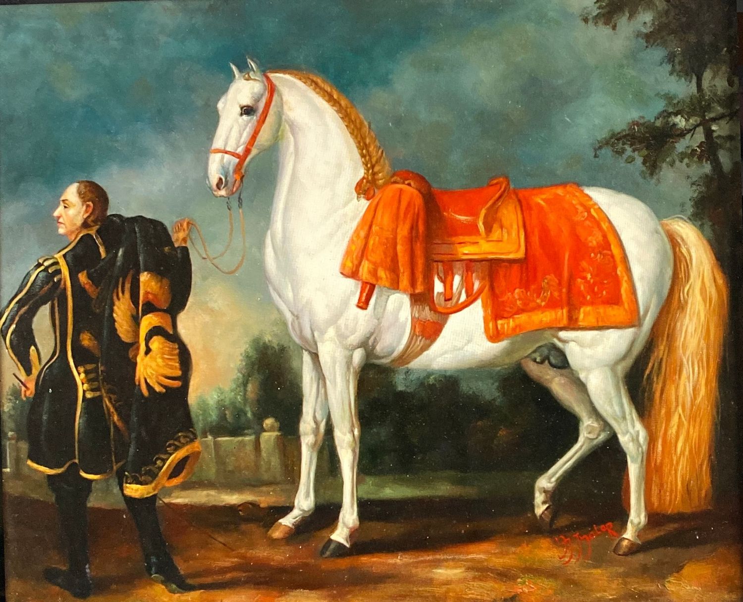 Ölgemälde - Kaiserlicher Reitknecht mit  prachtvollem Schimmel