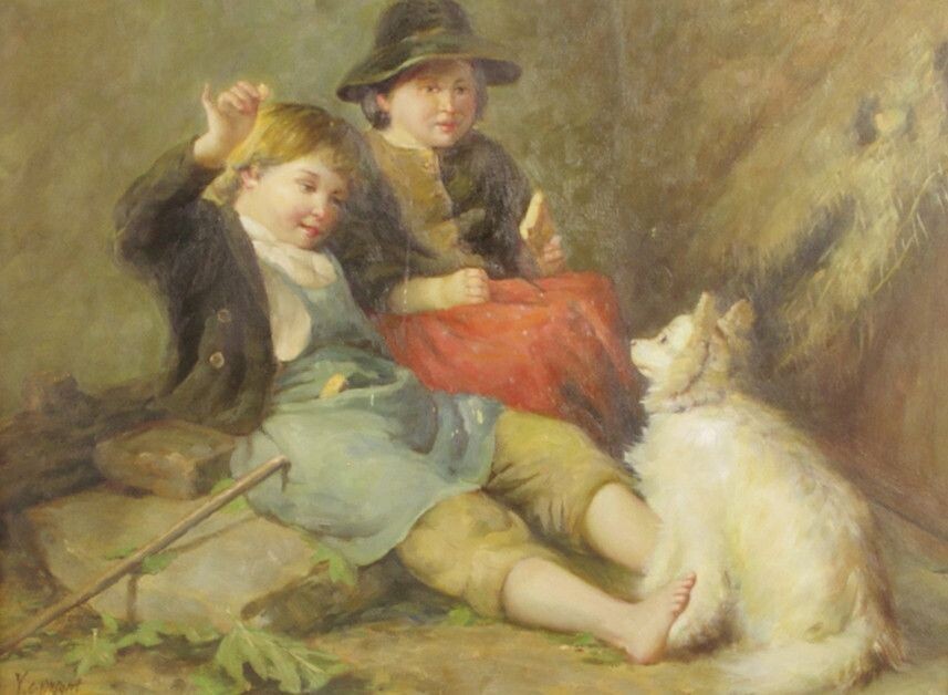 Ölbild im Prunkrahmen - Kinder mit Hund Ölbild im Prunkrahmen - Kinder mit Hund