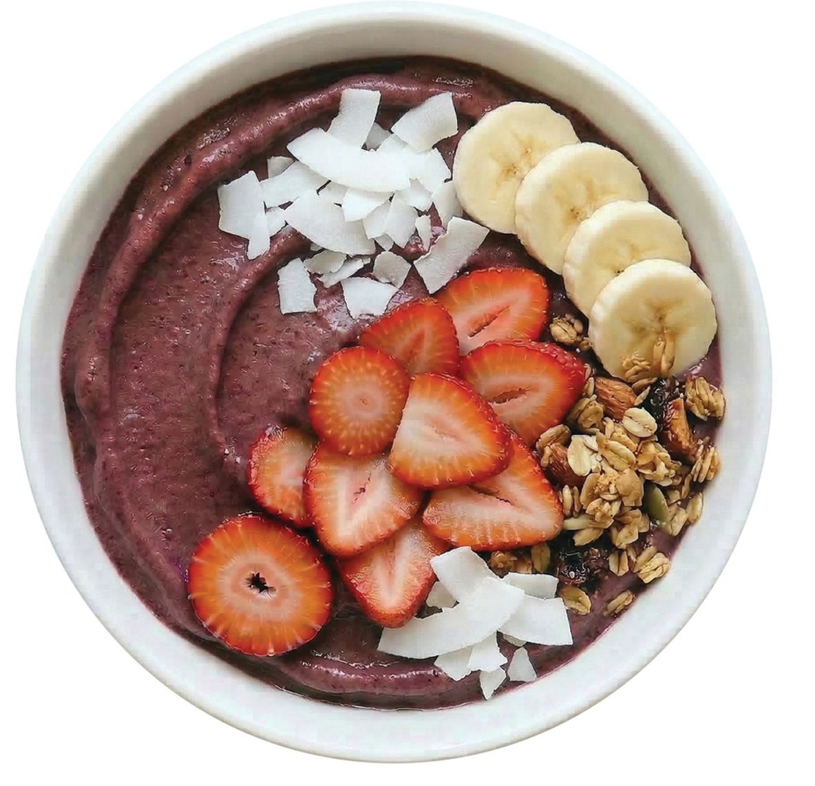 ACAI, STRAWBERRIES, BANANA, GRANOLA, COCONUT FLAKES